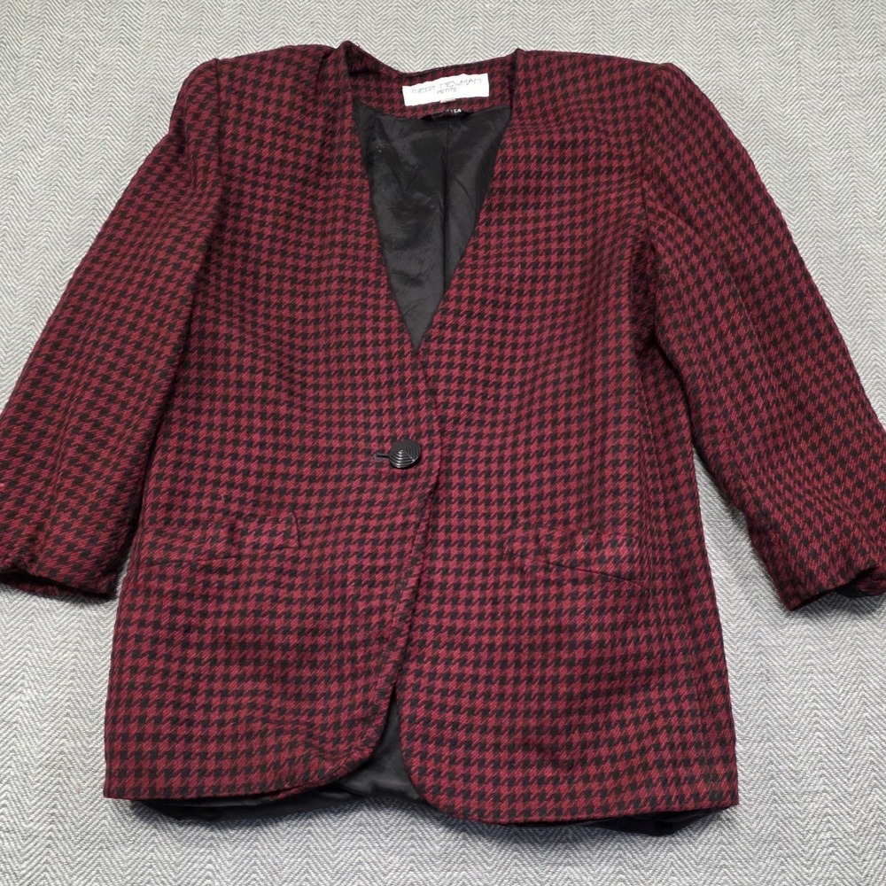 Bert Newman‎ Petite Womens Burgundy Houndstooth Wool Blend Collarless Blazer 8